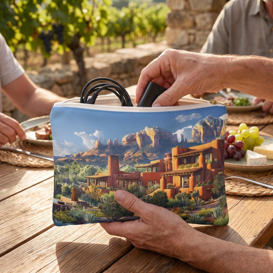 Large Dreams of Sedona accessory pouch (11.81 × 8.35 inches) in use: traveler places a compact camera cable and spare battery into the pouch at table edge. Lifestyle mockup with hands showing scale.