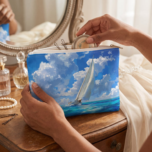 Small Ocean Breeze Sailing accessory pouch (8.35 × 5.98 inches) in use: woman packs hairpins and a tiny compact while ivory dress fabric is softly visible at frame edge. Lifestyle mockup with hands showing scale.