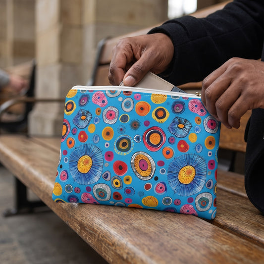 Small Primordial Sea Life accessory pouch (8.35 × 5.98 inches) in use: man retrieves a plain card wallet from pouch, wool coat sleeve in frame. Lifestyle mockup with hands showing scale.