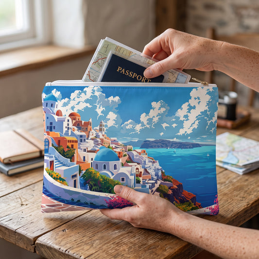 Large Santorini Serenity accessory pouch (11.81 × 8.35 inches) in use: woman sorts passports in a plain protective sleeve and folded maps into pouch. Lifestyle mockup with hands showing scale.