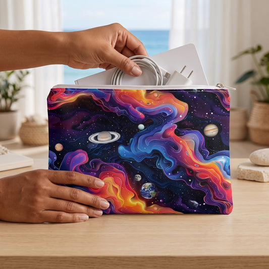 Large Planetary Solar Flare accessory pouch (11.81 × 8.35 inches) in use: woman gathers charger, cable and slim notepad into pouch. Lifestyle mockup with hands showing scale.