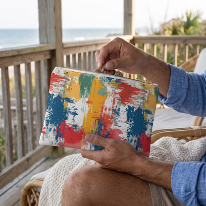 Small Paint Splash Palette accessory pouch (8.35 × 5.98 inches) in use: man takes earbuds from pouch held above his knee beside a knit throw. Lifestyle mockup with hands showing scale.