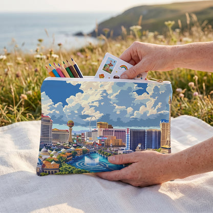 Large Viva Daytime Las Vegas accessory pouch (11.81 × 8.35 inches) in use: parent packs a child's drawing pencils and small sticker booklet into pouch. Lifestyle mockup with hands showing scale.