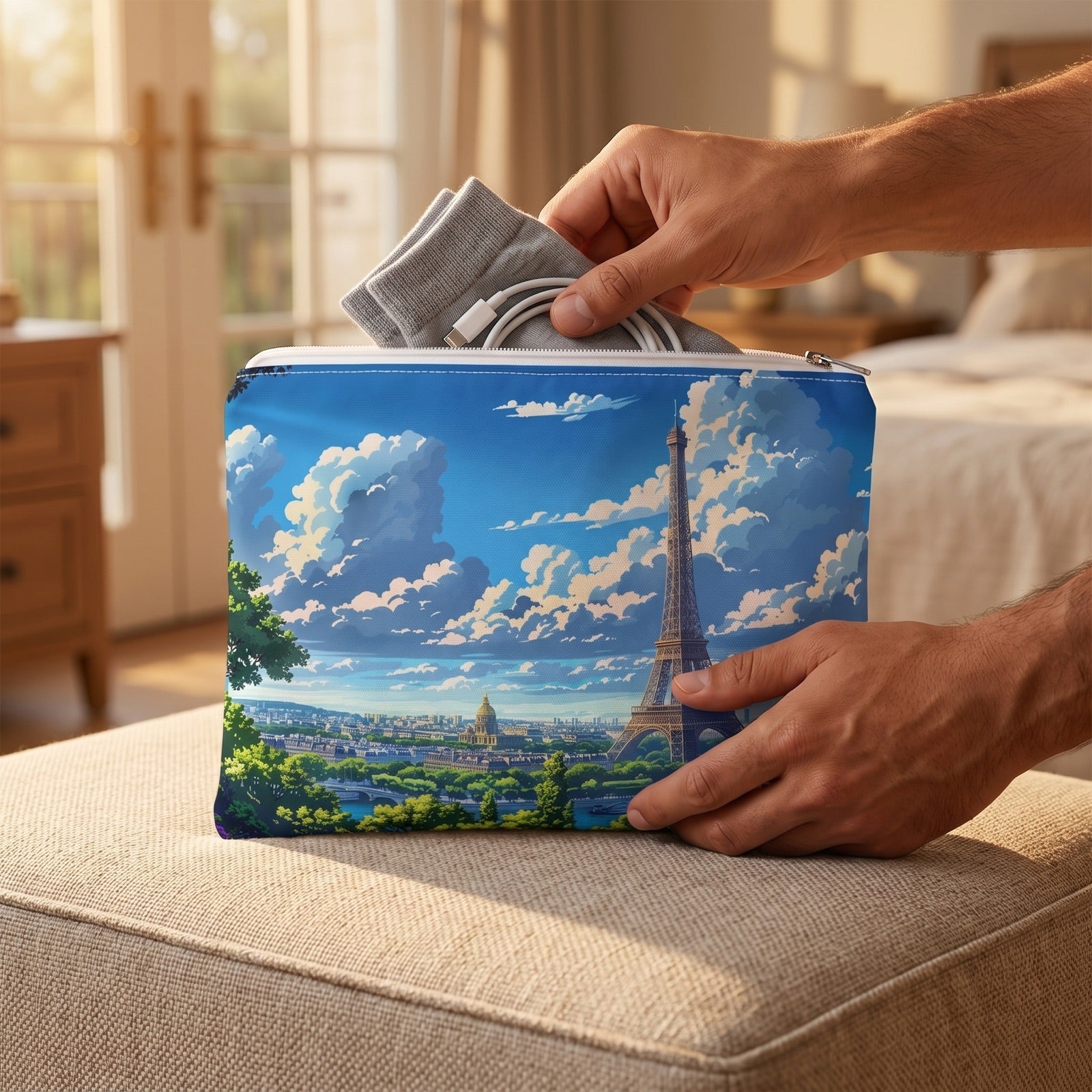 Large Parisian Eiffel Tower Dreamscape accessory pouch (11.81 × 8.35 inches) in use: man organizes socks folded thinly and a charging cable into pouch for an overnight stay. Lifestyle mockup with hands showing scale.