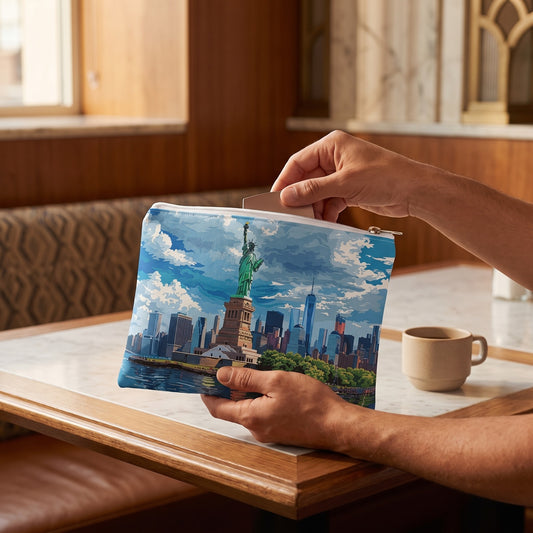 Small Statue of Liberty accessory pouch (8.35 × 5.98 inches) in use: traveler takes a compact from pouch beside a small unbranded coffee cup. Lifestyle mockup with hands showing scale.