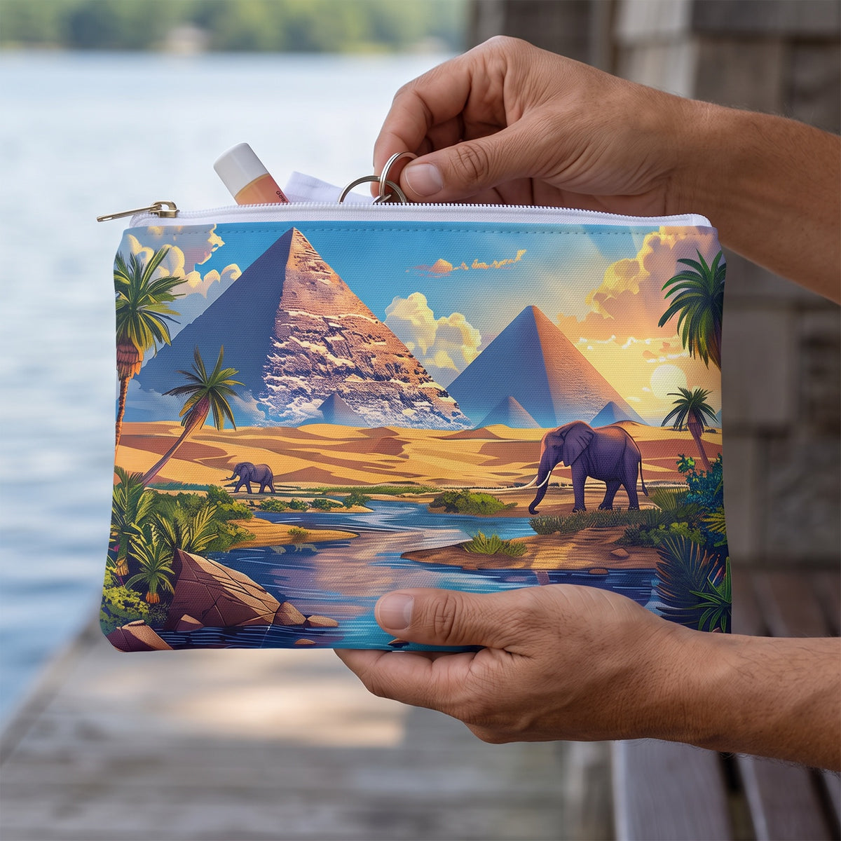 Small Pyramids of Giza Oasis accessory pouch (8.35 × 5.98 inches) in use: woman places a keyring and lip balm into pouch while seated, calm water beyond. Lifestyle mockup with hands showing scale.