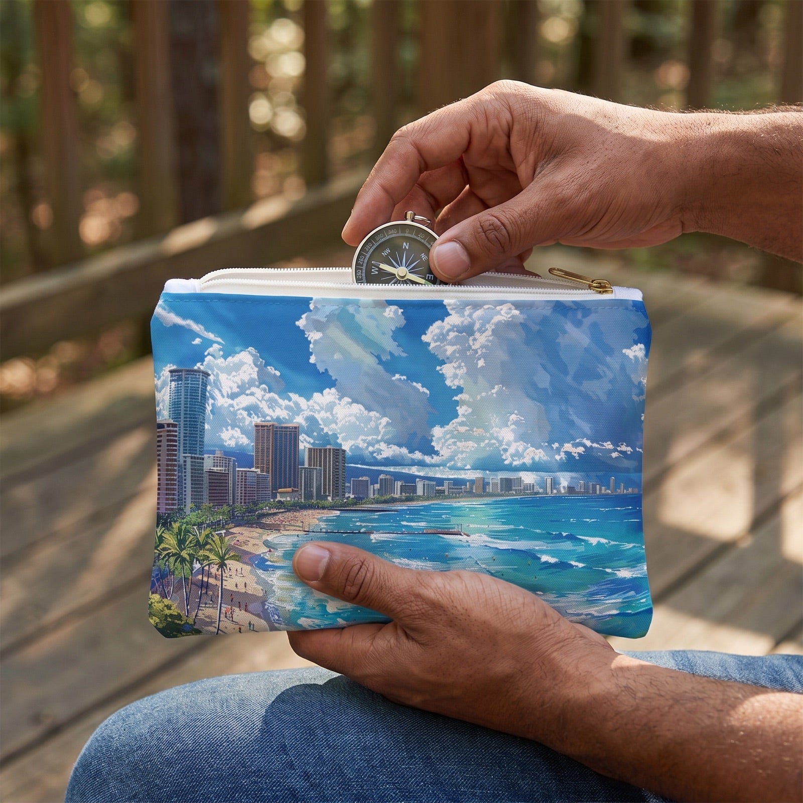 Small Waikiki Beach Hawaii accessory pouch (8.35 × 5.98 inches) in use: man selects a small compass from pouch on his knee before a walk. Lifestyle mockup with hands showing scale.