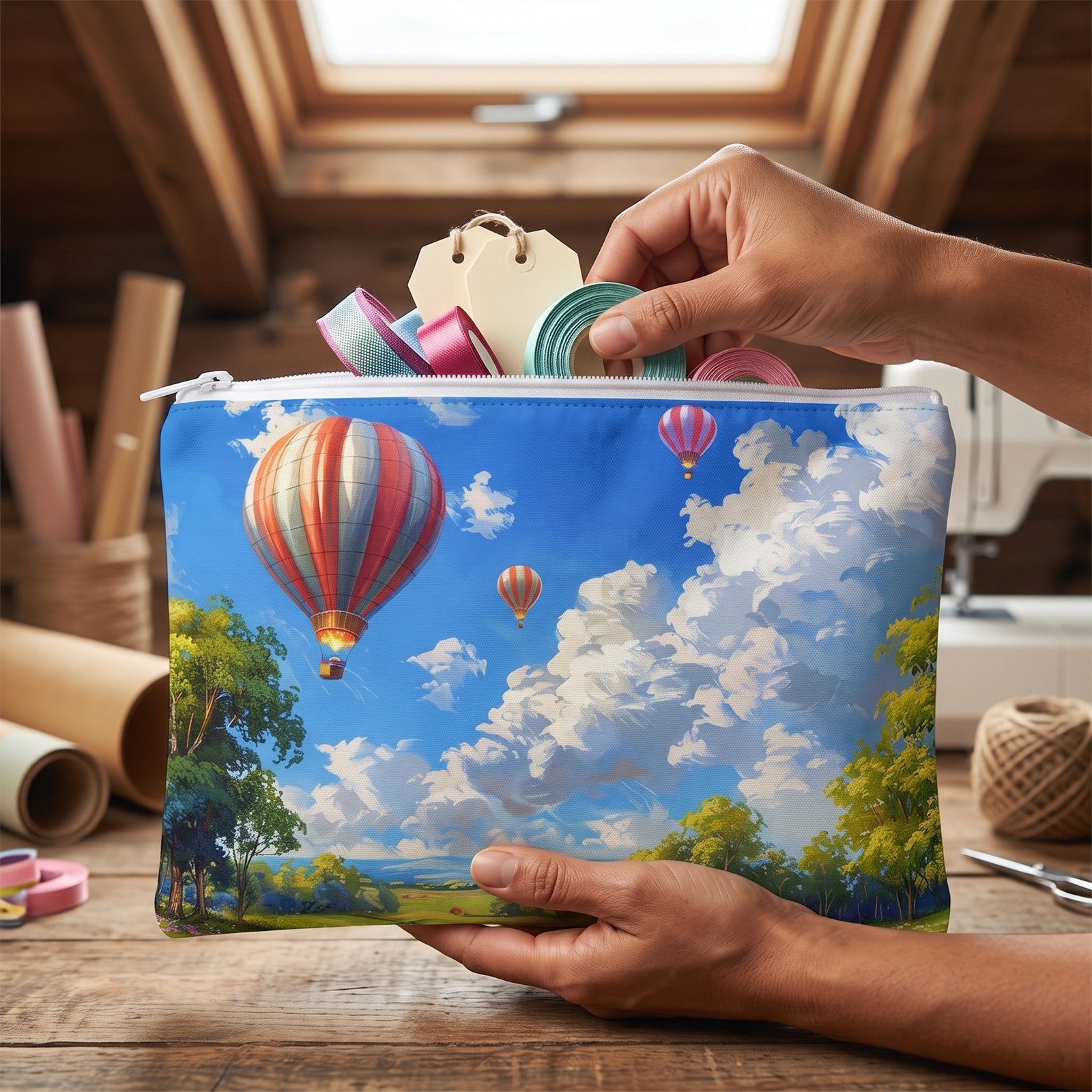 Large Spring Meadow Soar accessory pouch (11.81 × 8.35 inches) in use: woman puts small ribbon rolls and paper gift tags into pouch for wrapping presents. Lifestyle mockup with hands showing scale.