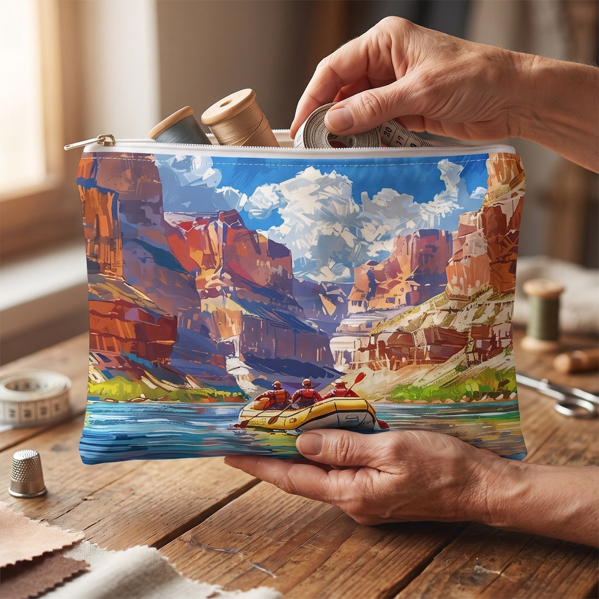 Large Colorado River Rafting accessory pouch (11.81 × 8.35 inches) in use: woman gathers thread spools and a measuring tape into the modestly filled pouch. Lifestyle mockup with hands showing scale.