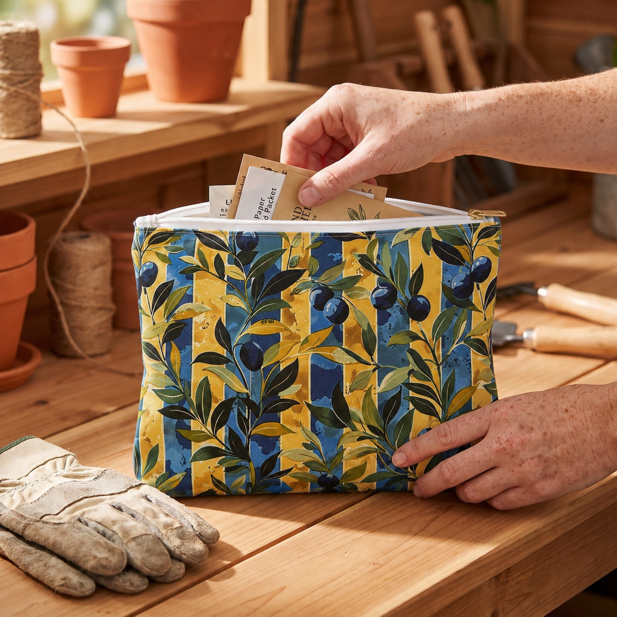 Large Olive Orchard Stripes accessory pouch (11.81 × 8.35 inches) in use: gloved gardening enthusiast's bare hand sorts paper seed packets into the pouch, gloves set beside it. Lifestyle mockup with hands showing scale.