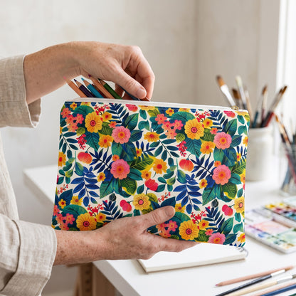 Large Blossom Bliss accessory pouch (11.81 × 8.35 inches) in use: woman in oatmeal linen gathers six colored pencils into the pouch, sketchbook just behind. Lifestyle mockup with hands showing scale.