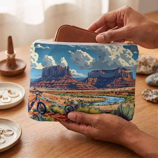 Small Desert Trails accessory pouch (8.35 × 5.98 inches) in use: woman puts a tiny closed jewelry case into pouch held in both hands. Lifestyle mockup with hands showing scale.