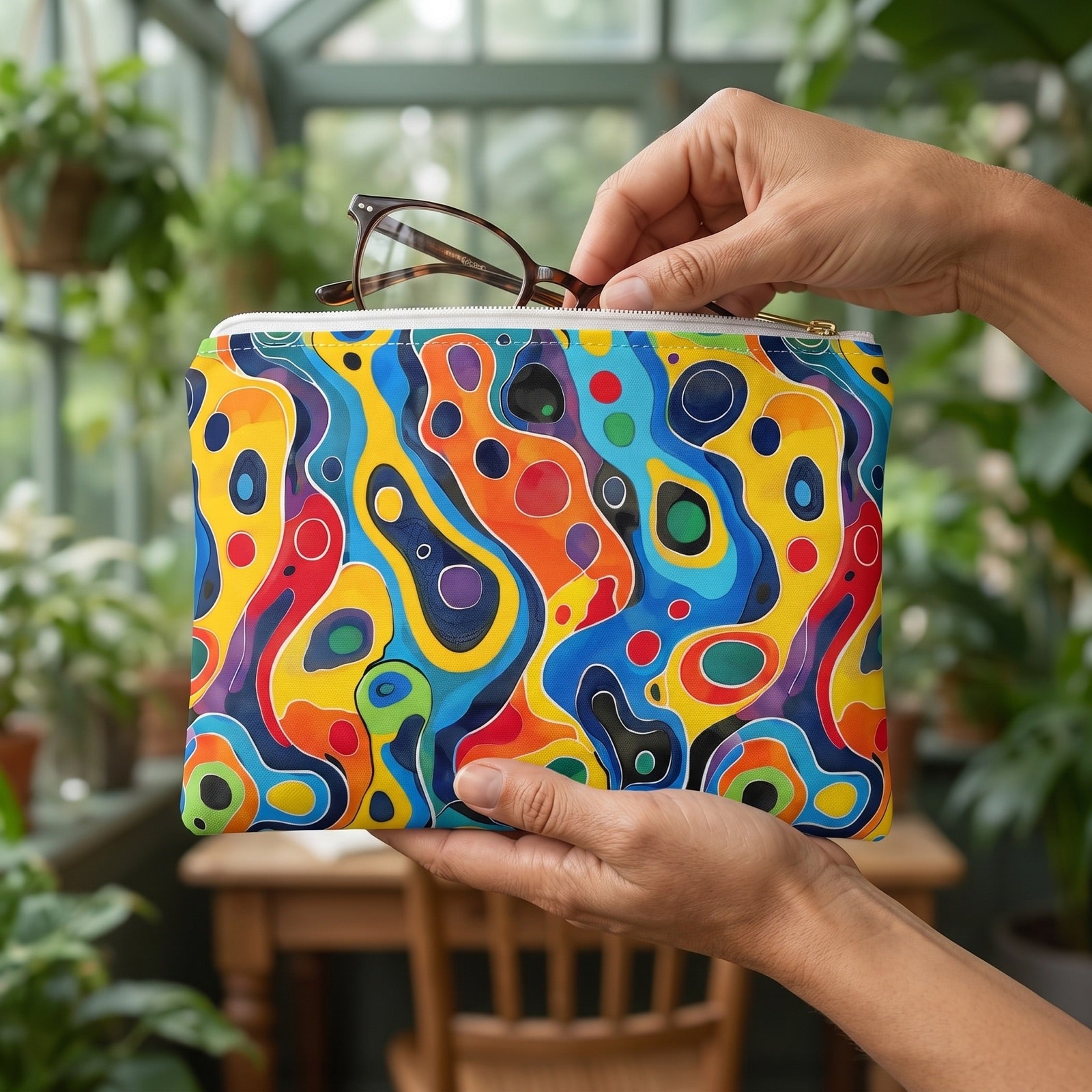 Small Groovy Splash accessory pouch (8.35 × 5.98 inches) in use: woman tucks reading glasses into pouch, leafy plants blurred and no flowers. Lifestyle mockup with hands showing scale.