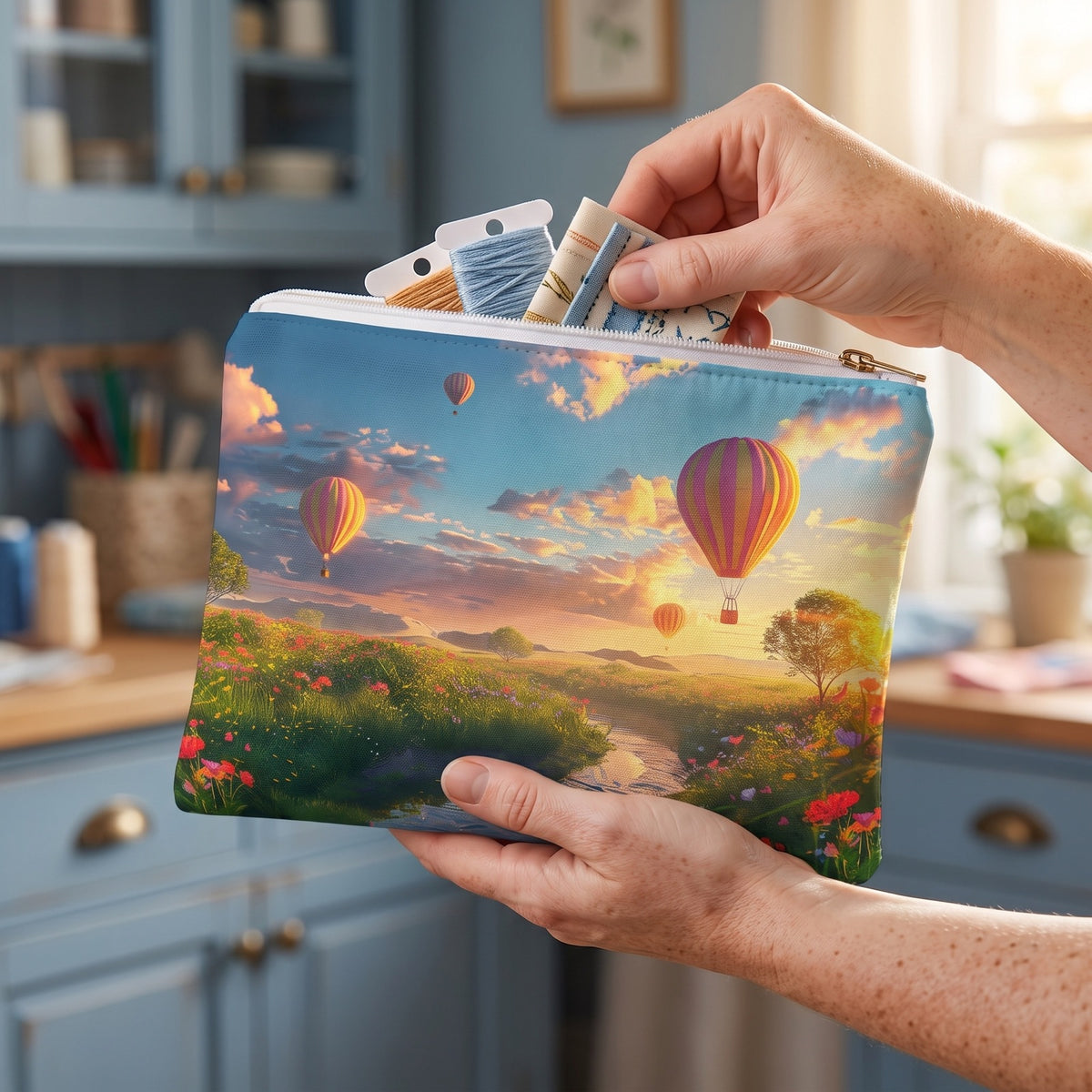 Large Hot Air Balloons at Sunrise accessory pouch (11.81 × 8.35 inches) in use: hands arrange embroidery floss cards and a narrow folded fabric scrap inside pouch. Lifestyle mockup with hands showing scale.