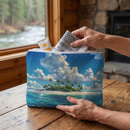 Large Island Daydreams accessory pouch (11.81 × 8.35 inches) in use: woman packs a clean bandana and a small sunscreen tube into pouch before a walk. Lifestyle mockup with hands showing scale.