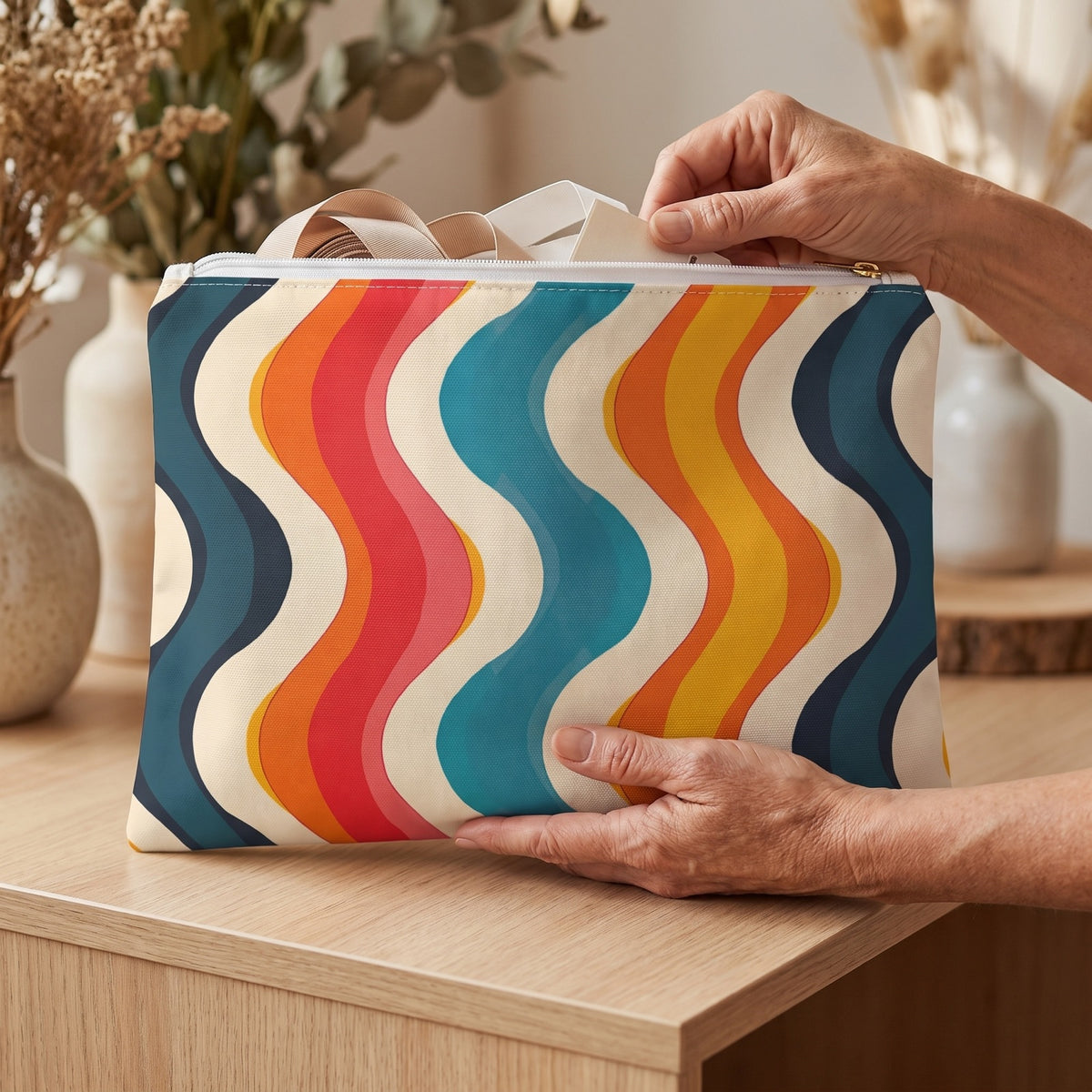Large Retro Wave Cascade accessory pouch (11.81 × 8.35 inches) in use: woman stores ribbon lengths and small blank labels in pouch; only foliage blurred behind. Lifestyle mockup with hands showing scale.