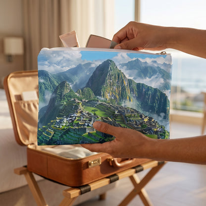Large Machu Picchu Misty Peaks accessory pouch (11.81 × 8.35 inches) in use: woman packs travel cosmetics into pouch held just above an open overnight case. Lifestyle mockup with hands showing scale.