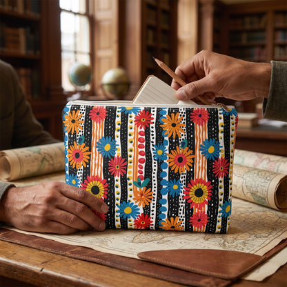 Large Striped Daisy Play accessory pouch (11.81 × 8.35 inches) in use: man retrieves a pencil and pocket notebook from pouch. Lifestyle mockup with hands showing scale.