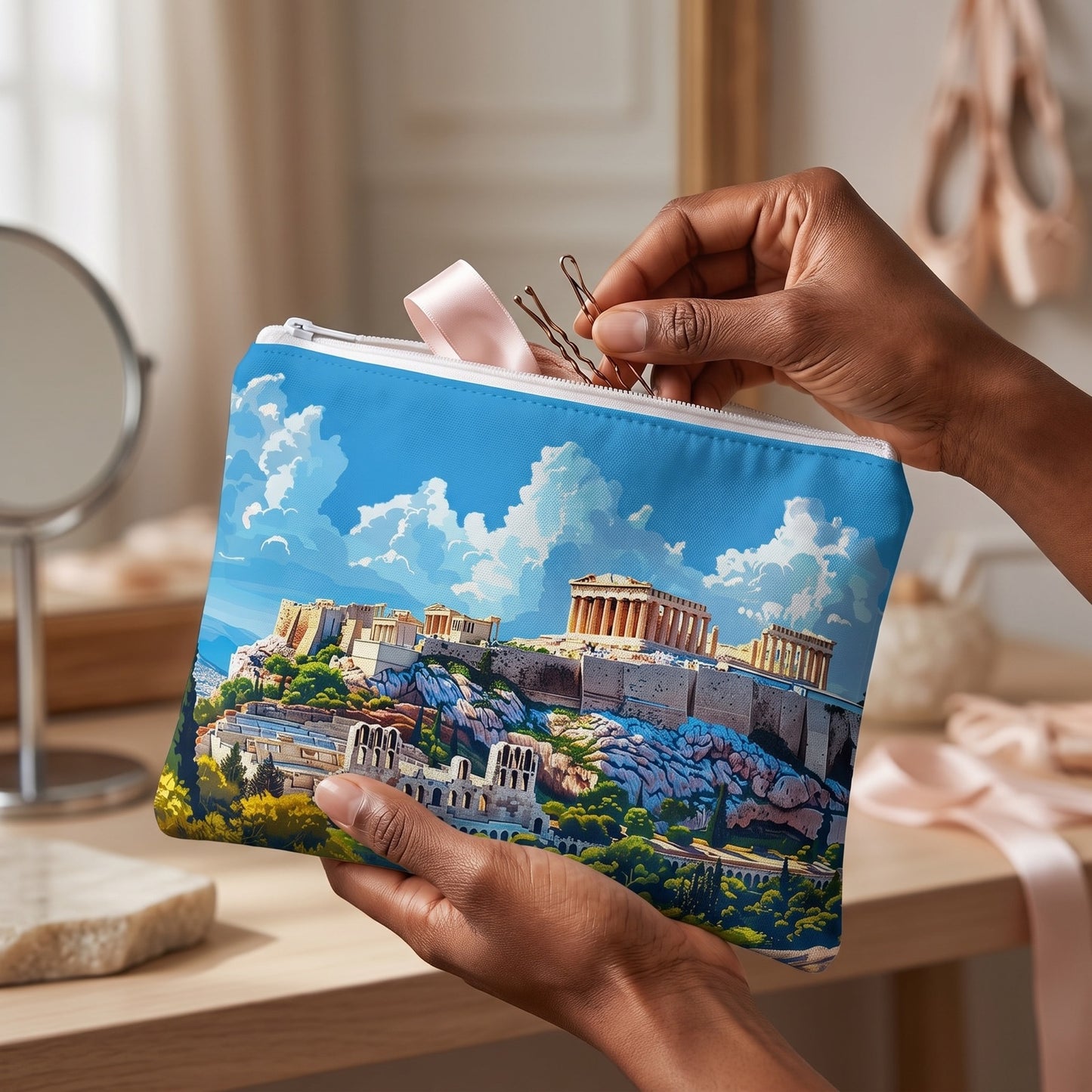 Small Acropolis Skyline Splendor accessory pouch (8.35 × 5.98 inches) in use: dancer in a soft gray wrap packs hairpins and a folded hair ribbon into pouch supported by one hand. Lifestyle mockup with hands showing scale.