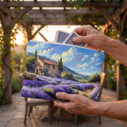 Large Tuscan Lavender Dreams accessory pouch (11.81 × 8.35 inches) in use: hands pack two decks of playing cards and a pencil into pouch for an evening game. Lifestyle mockup with hands showing scale.