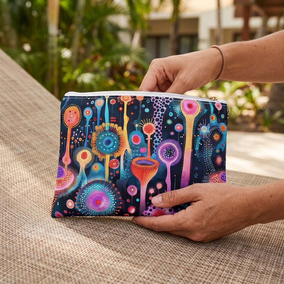 Small Surreal Seascape Forest accessory pouch (8.35 × 5.98 inches) in use: woman takes a hair tie from pouch held at her knee, greenery blurred. Lifestyle mockup with hands showing scale.