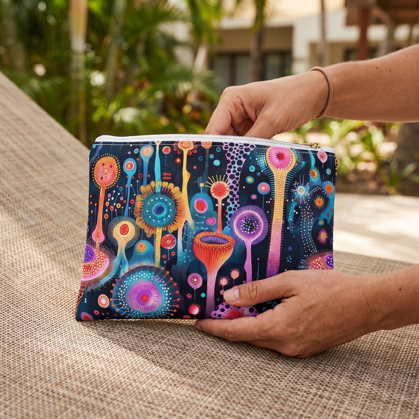 Small Surreal Seascape Forest accessory pouch (8.35 × 5.98 inches) in use: woman takes a hair tie from pouch held at her knee, greenery blurred. Lifestyle mockup with hands showing scale.