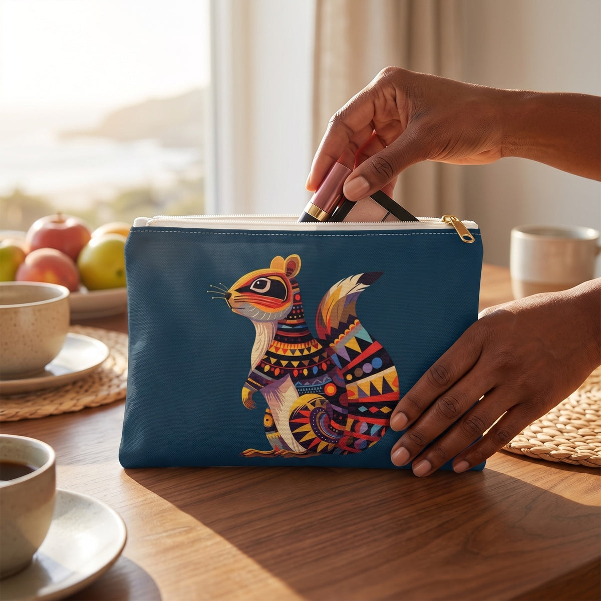Small Autumn Squirrel Spirit accessory pouch (8.35 × 5.98 inches) in use: woman tucks a lipstick and little compact into pouch before a day out. Lifestyle mockup with hands showing scale.
