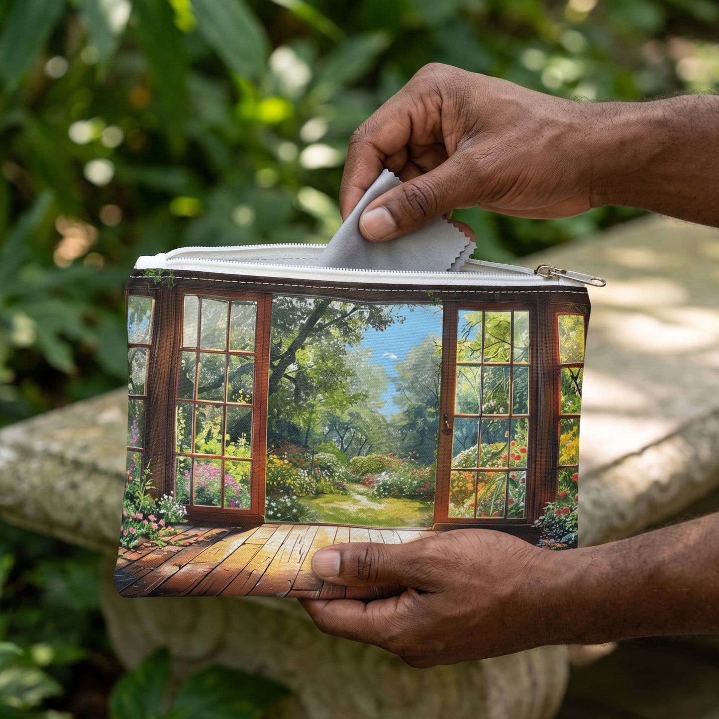 Small Spring Garden View accessory pouch (8.35 × 5.98 inches) in use: man retrieves a lens cloth from pouch held in both hands, camera soft behind. Lifestyle mockup with hands showing scale.