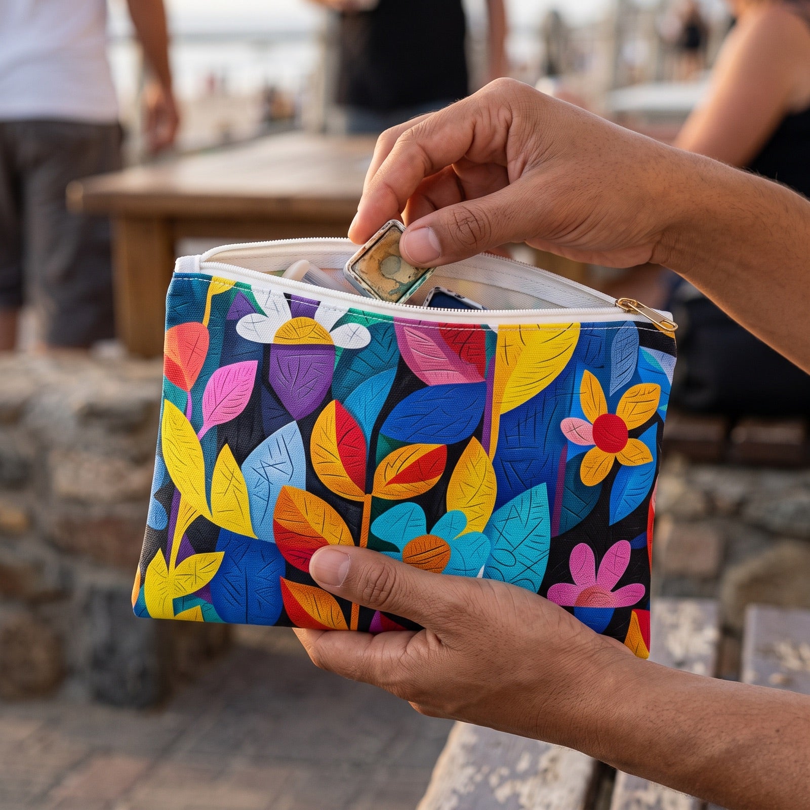 Small Rhapsody in Bloom accessory pouch (8.35 × 5.98 inches) in use: woman retrieves a tiny watercolor pan tin from pouch held in both hands. Lifestyle mockup with hands showing scale.