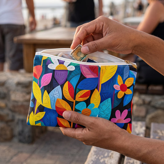 Small Rhapsody in Bloom accessory pouch (8.35 × 5.98 inches) in use: woman retrieves a tiny watercolor pan tin from pouch held in both hands. Lifestyle mockup with hands showing scale.