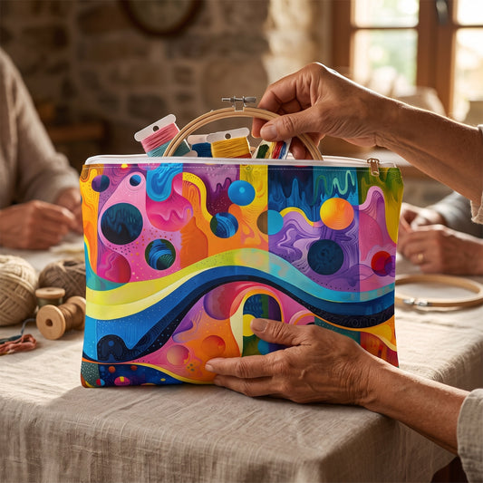 Large Color Wave accessory pouch (11.81 × 8.35 inches) in use: older woman's hands gather embroidery thread cards and a small hoop no larger than five inches into pouch. Lifestyle mockup with hands showing scale.
