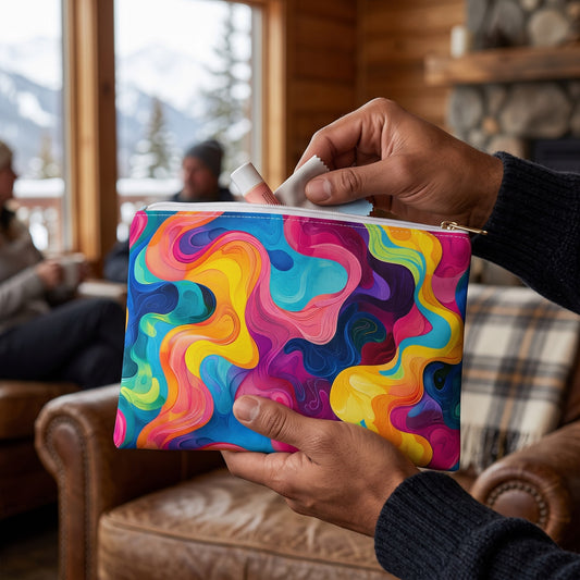 Small Wavelength Wonder accessory pouch (8.35 × 5.98 inches) in use: man packs lip balm and lens cloth into pouch, knit cuff visible. Lifestyle mockup with hands showing scale.