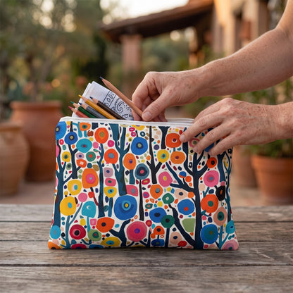 Large Poppy Forest accessory pouch (11.81 × 8.35 inches) in use: artist packs pencils and a folded clean bandana into pouch on weathered wood. Lifestyle mockup with hands showing scale.