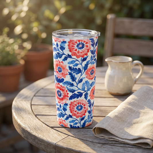 Whimsical Batik Blossoms Insulated Tumbler - 20 oz stainless steel tumbler on a garden table beside a ceramic pitcher, the red-and-blue batik floral pattern wrapping the cup