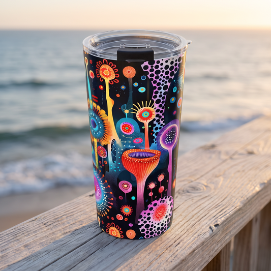Surreal Seascape Forest Insulated Tumbler - 20 oz stainless steel tumbler on an oceanside railing at dusk, the surreal neon sea-garden pattern wrapping the cup