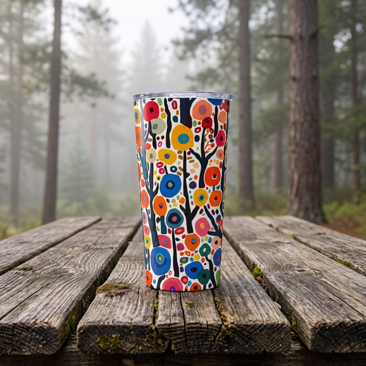 Poppy Forest Insulated Tumbler - 20 oz stainless steel tumbler on a weathered boardwalk table in a misty pine forest, the folk-art poppy pattern wrapping the cup