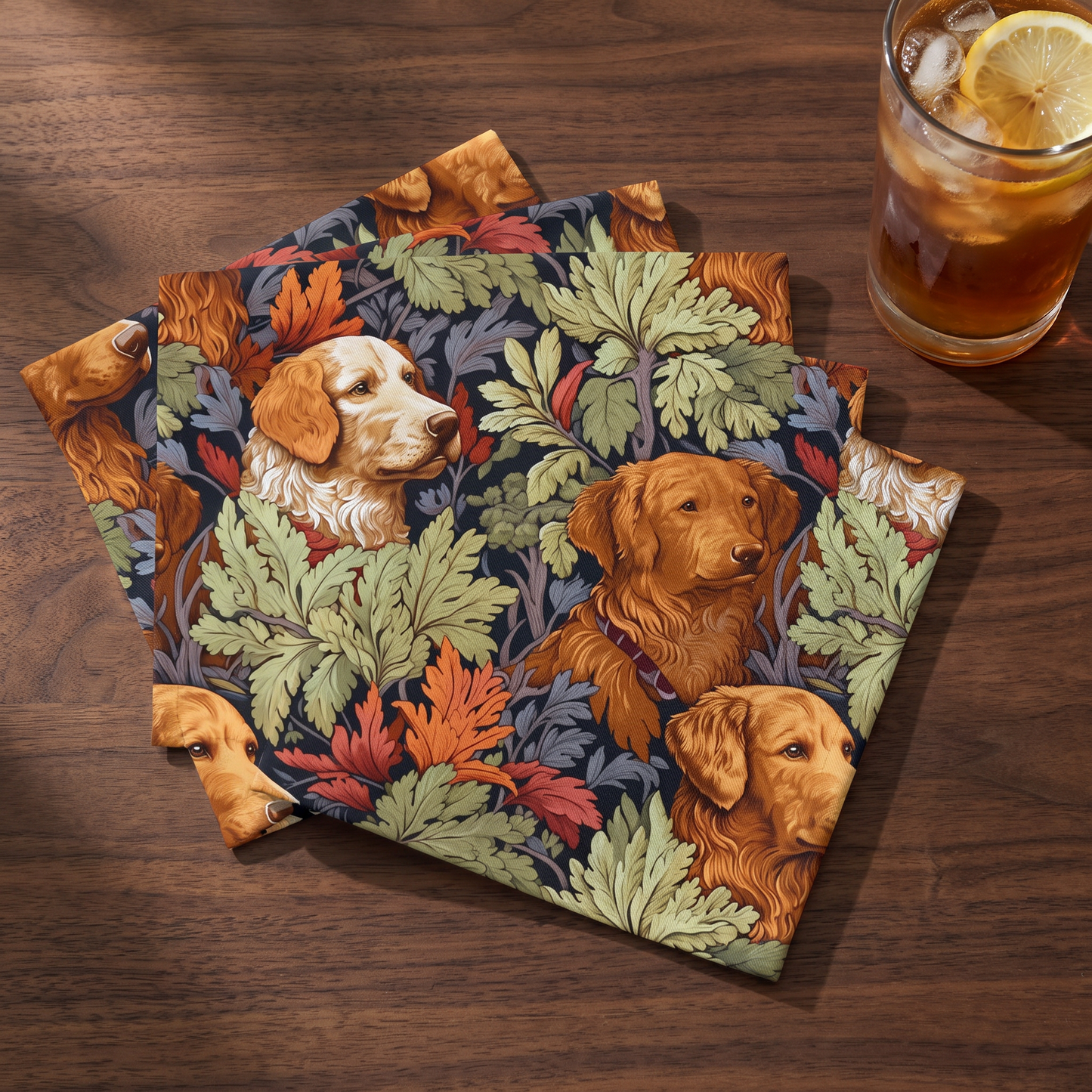 Classic English Dog Tapestry cocktail napkins, set of four, with iced tea glass for scale