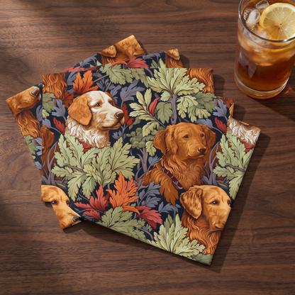 Classic English Dog Tapestry cocktail napkins, set of four, with iced tea glass for scale