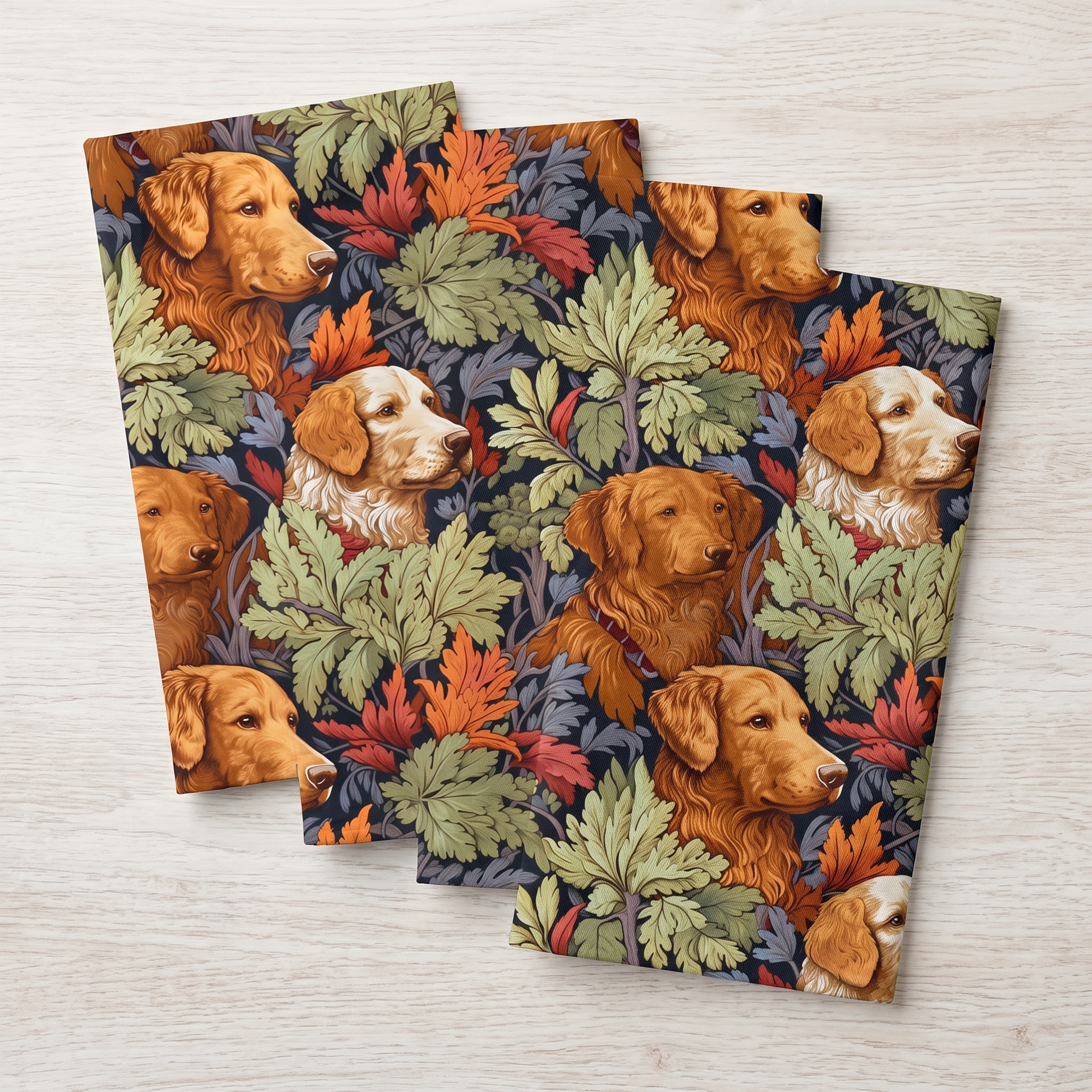 Classic English Dog Tapestry dinner napkins, set of four, elongated fold fanned on whitewashed oak