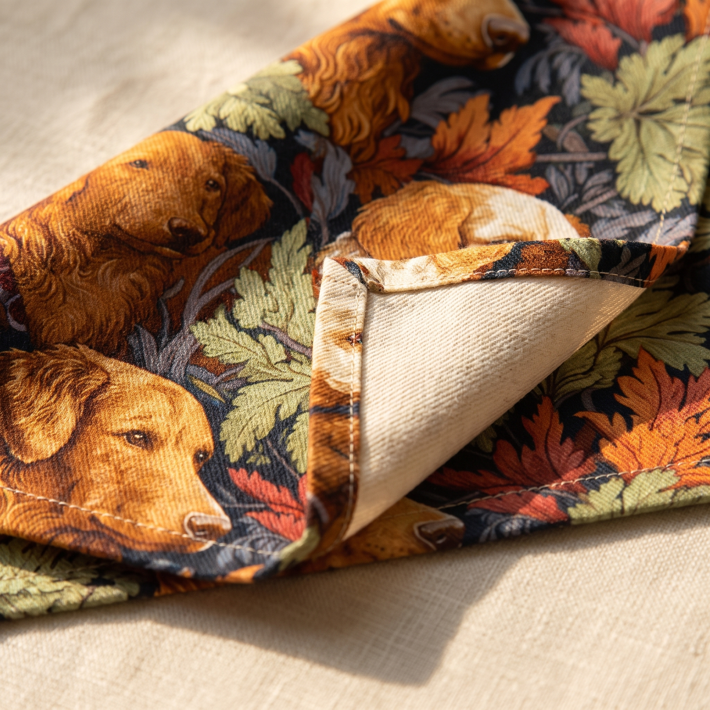 Classic English Dog Tapestry napkin close-up: cotton twill weave, hemmed edge, and a small plain natural cotton reverse reveal showing the one-sided print