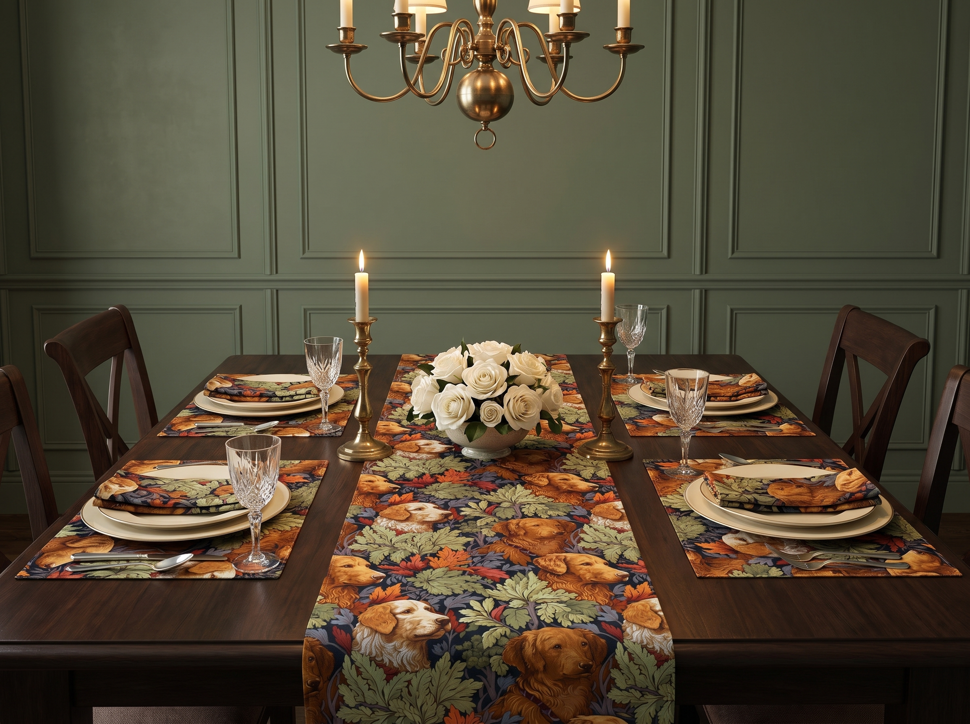 Classic English Dog Tapestry table setting with runner, placemats, and napkins in a formal candlelit dining room