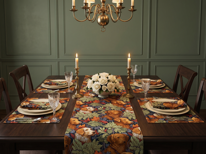 Classic English Dog Tapestry table setting with runner, placemats, and napkins in a formal candlelit dining room