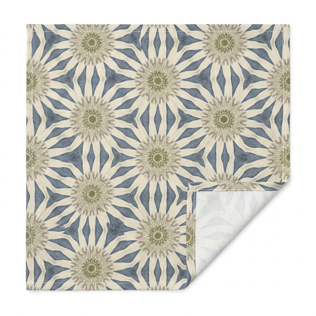 Close-up of Celestial Harmony cotton twill table runner showing the printed face, hemmed edge, white seam thread, and natural-white unprinted reverse
