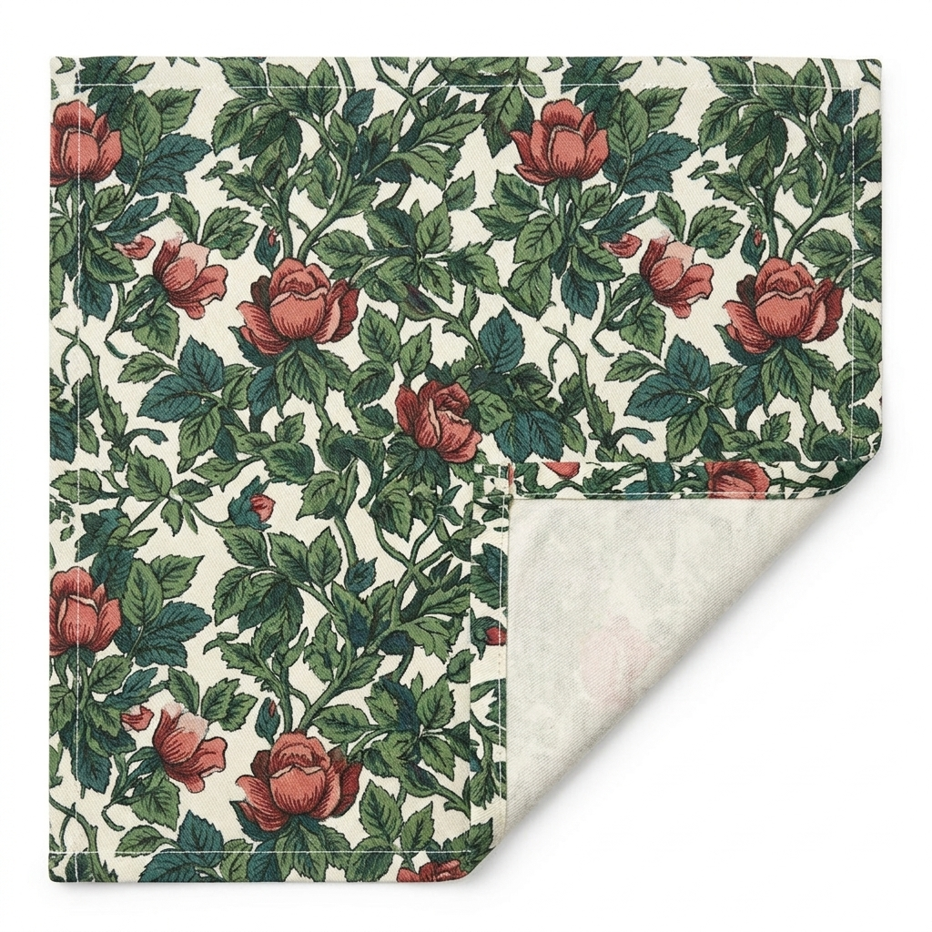 Close-up of Classic Red Rose & Vine cotton twill table runner showing the printed face, hemmed edge, white seam thread, and natural-white unprinted reverse