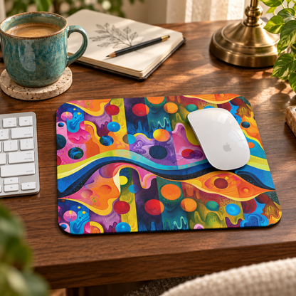 Color Wave 9 by 8 inch mouse pad with colorful waves and circles, styled on a walnut desk with a white Apple mouse