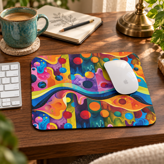 Color Wave 9 by 8 inch mouse pad with colorful waves and circles, styled on a walnut desk with a white Apple mouse