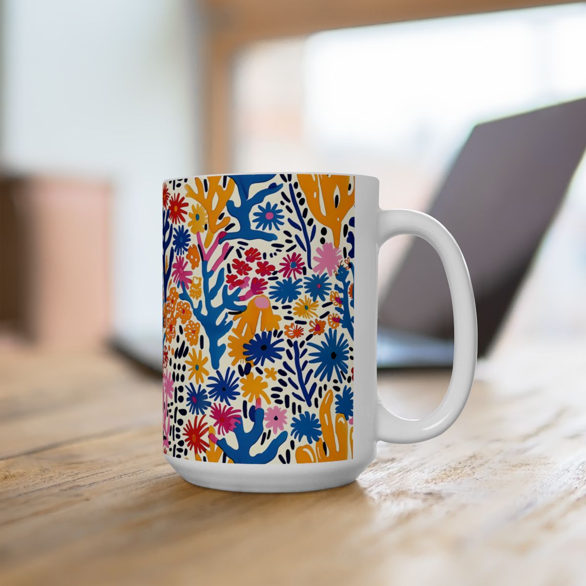 Coral Bloom Harmony ceramic mug shown in context on a kitchen shelf