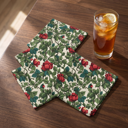 Classic Red Rose & Vine cocktail napkins, set of four, with iced tea glass for scale