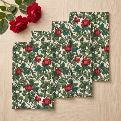 Classic Red Rose & Vine dinner napkins, set of four, elongated fold fanned on pale oak with two red roses