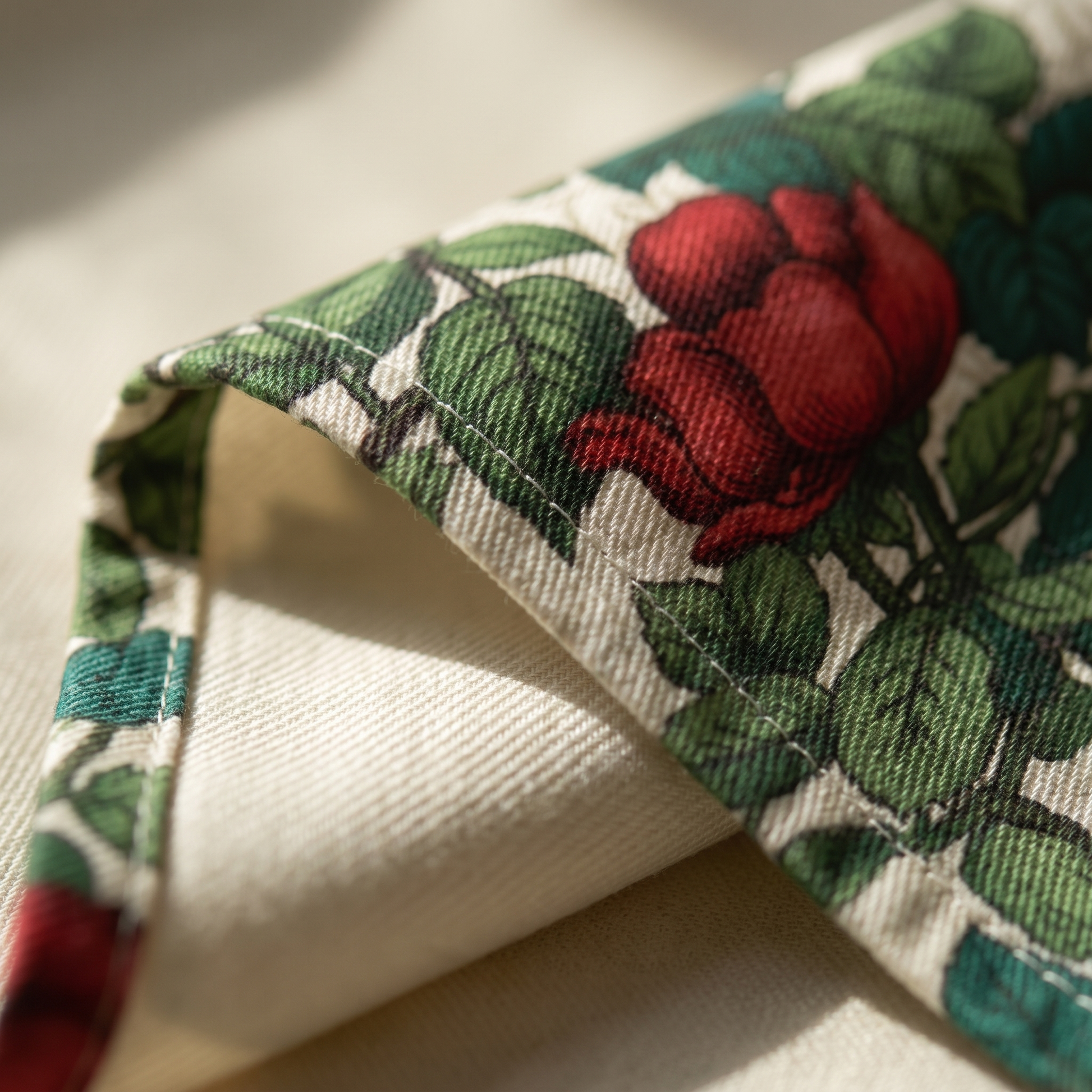 Classic Red Rose & Vine napkin fabric close-up showing cotton twill weave and hemmed edge